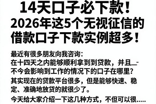 14天口子必下款!2026年这5个无视征信的借款口子下款实例超多