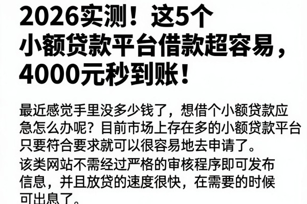 2026实测!这5个小额贷款平台借款超容易,4000元秒到账!