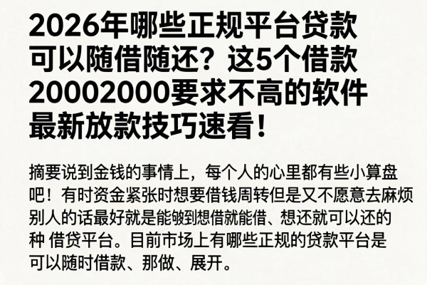 2026年哪些正规平台贷款可以随借随还?这5个借款2000要求不高的软件,最新放款技巧速看!