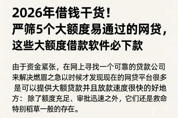 2026年借钱干货!严筛5个大额度易通过的网贷,这些大额度借款软件必下款