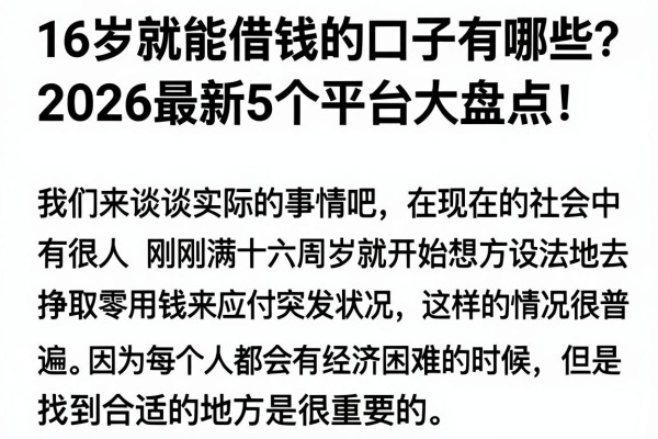 16岁就能借钱的口子有哪些?2026最新5个平台大盘点!