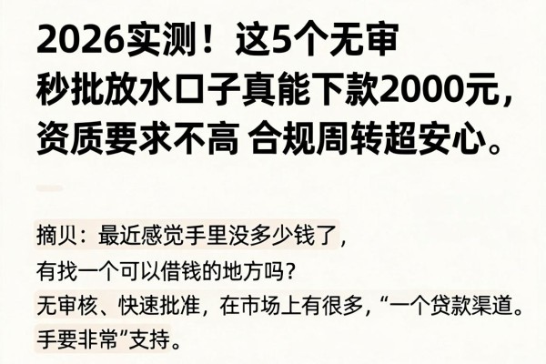 2026实测！这5个无审秒批放水口子真能下款2000元，资质要求不高合规周转超安心
