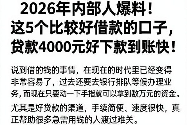 2026年内部人爆料!这5个比较好借款的口子,贷款4000元好下款到账快!