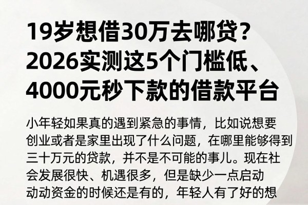 19岁想借30万去哪贷?2026实测这5个门槛低、4000元秒下款的借款平台